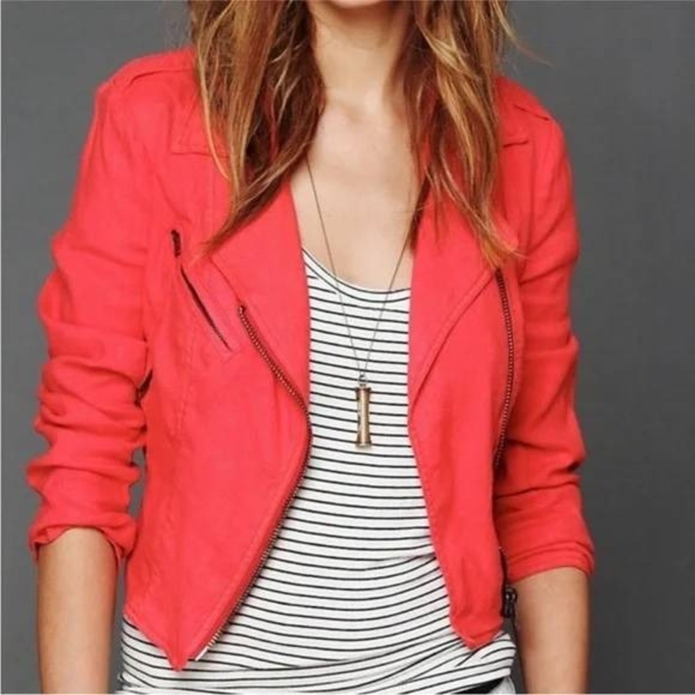 Free People Moto Jacket Size 4 Red Linen Blend Asymmetrical Zip Cropped Y2K